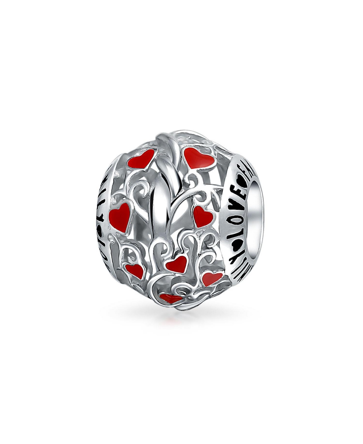 Red Silver 'I Love You' Heart Filigree Charm Bead for European Bracelets - Red