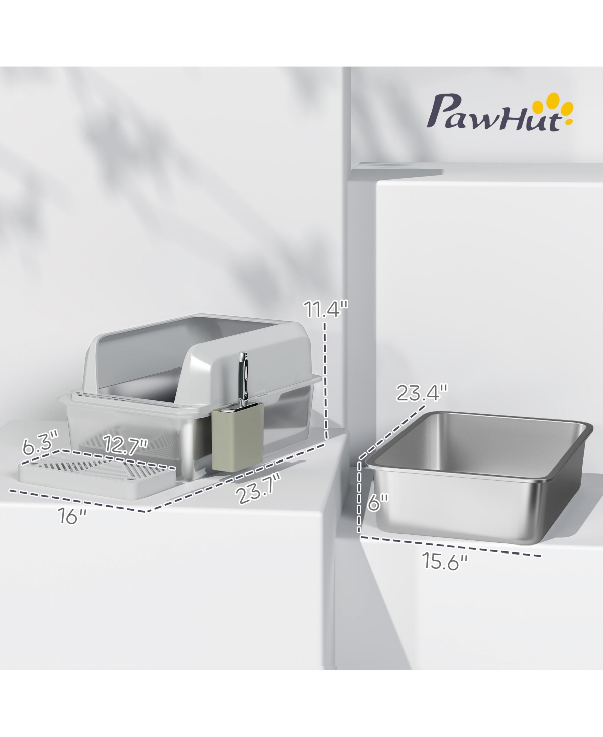 PawHut 2 Pack Stainless Steel Litter Box, High Sided Metal Litter Box