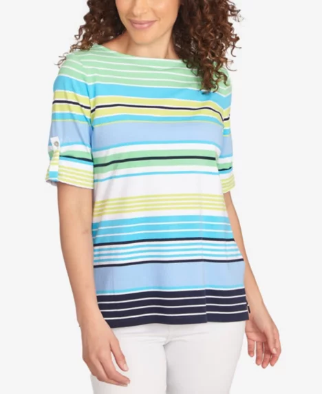 Petite Multi Stripe Roll Tab Sleeve T Shirt - Chambray Blue Multi