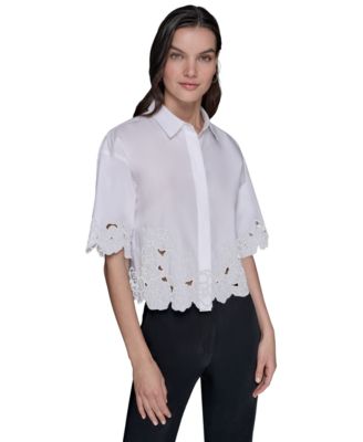 KARL LAGERFELD PARIS - Women's Cotton Floral-Embroidered Camp Shirt