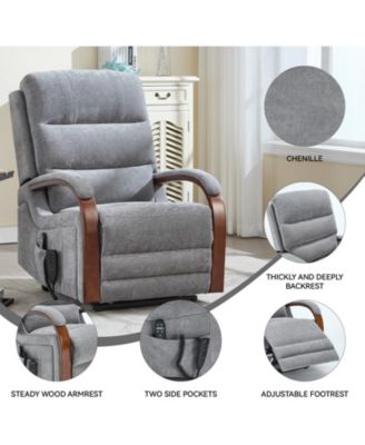 Power Chenille Lift Recliner Chair Dual Motor Infinite Position Up to 350 LBS with Solid Wood Armrests, Heat Massage and Heavy Duty Motion Mechanism