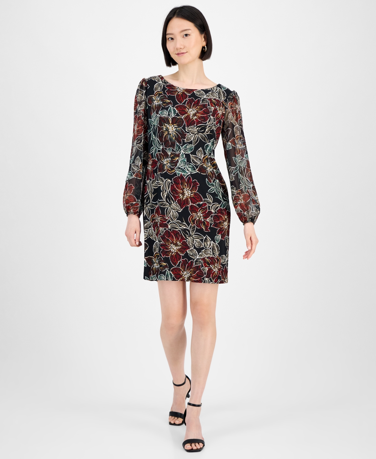 Petite Floral Long-Sleeve Sheath Dress - Rus