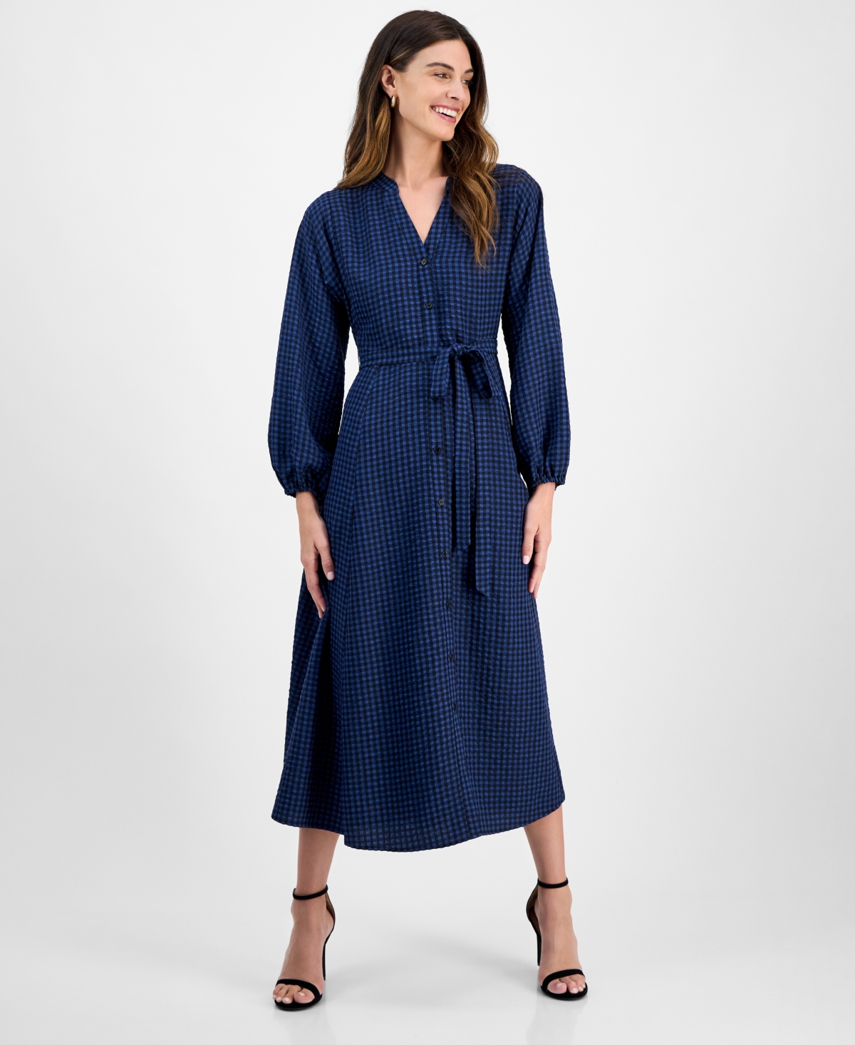 Women's Gingham-Print Belted Shirtdress - Blue Black