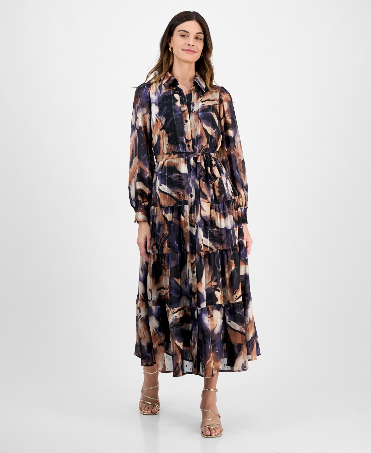 Women's Tiered Floral-Print Shirtdress - Tan/grey