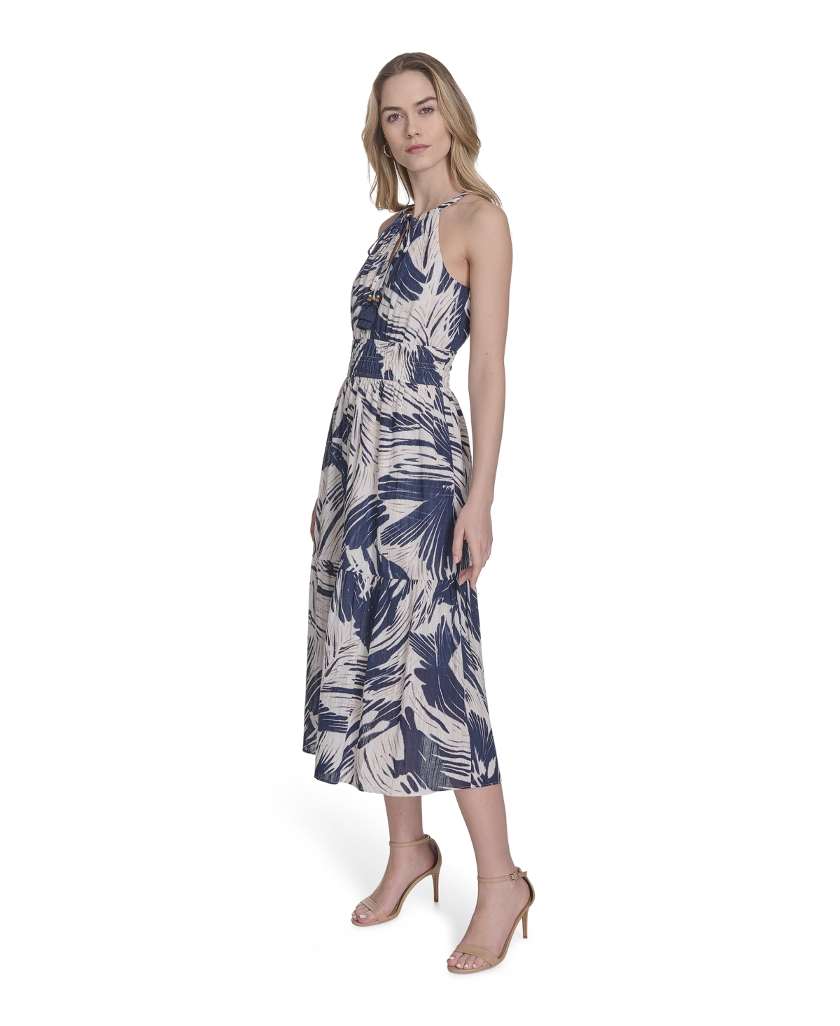 Vince Camuto Leaf Print Cotton Halter Neck Midi Dress In Blue