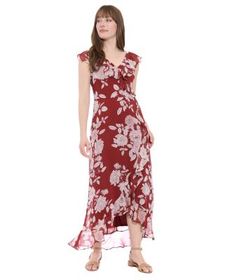 London Times - Petite Printed Ruffled-Collar Maxi Dress
