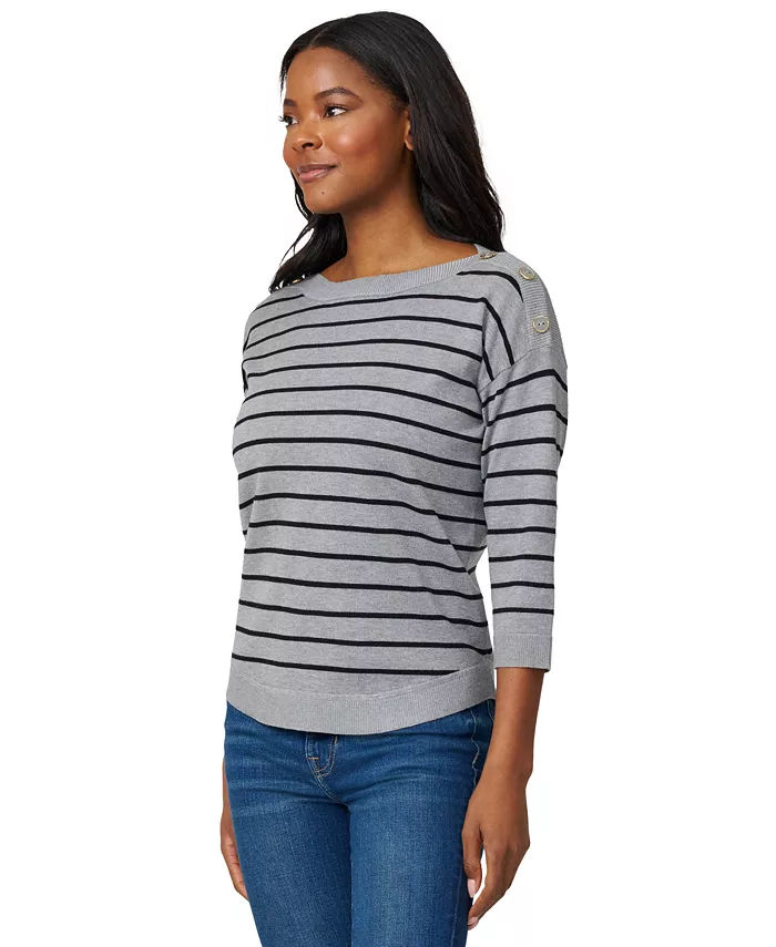 Women's Striped Button-Shoulder Boatneck 3/4-Sleeve Sweater - thumbnail 3