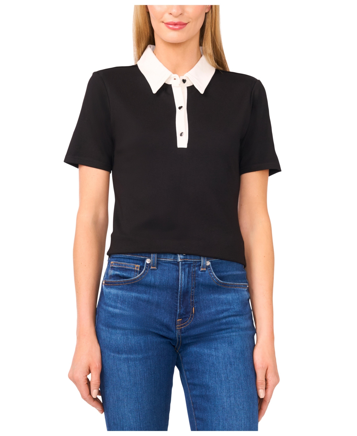 Women's Short Sleeve Contrast Collar Polo Top - Rich Black