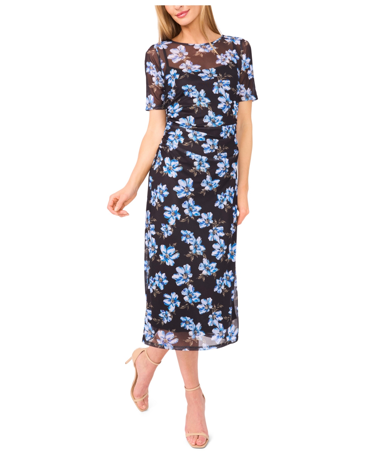 Women's Short Sleeve Ruched Side Mesh Crew Neck Midi Dress - Rich Black