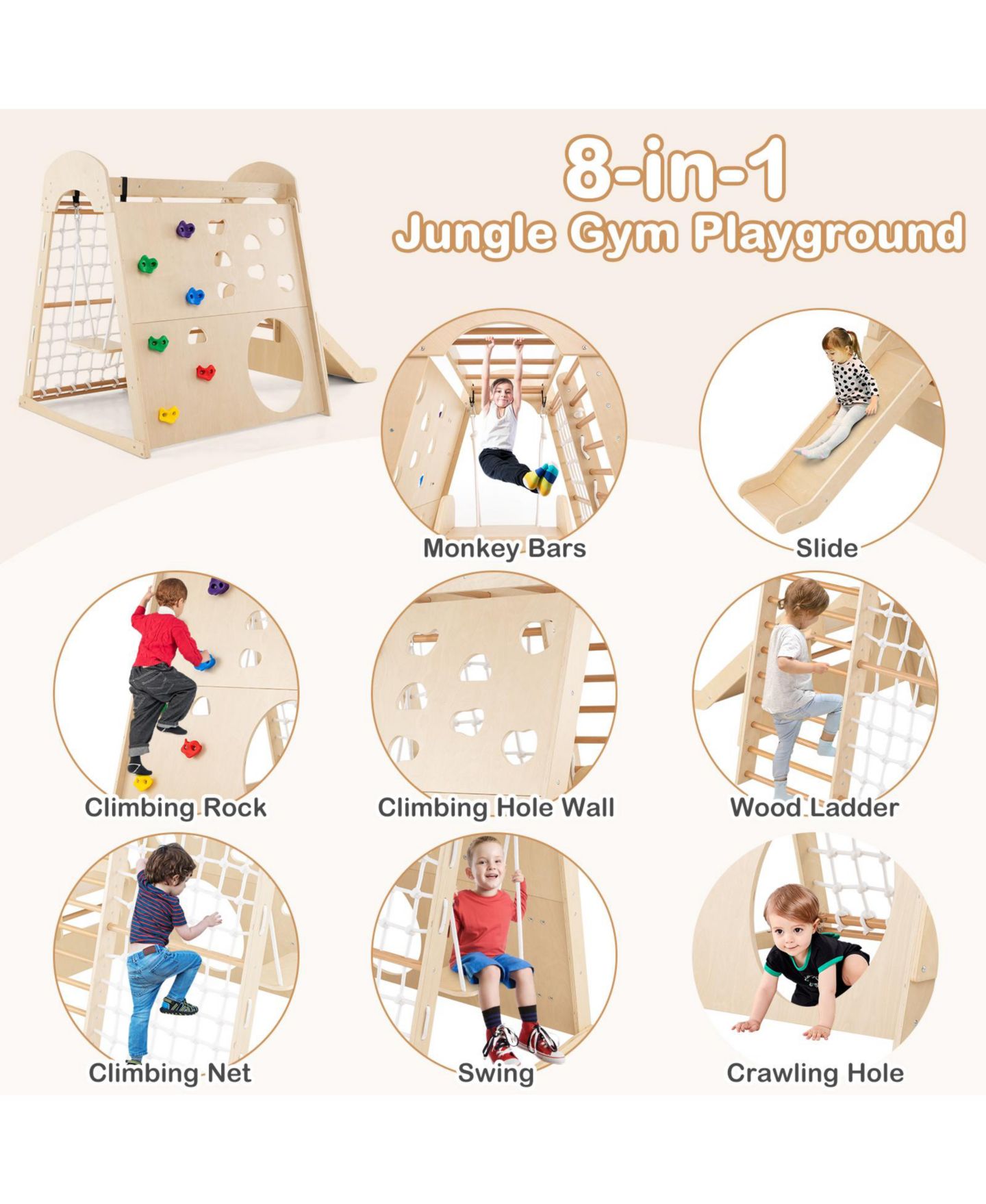 Детская игрушка Slickblue 8-in-1 Indoor Jungle Gym Wooden Playground with Swing and Climbing Wall, цвет: Натуральный — фото 7