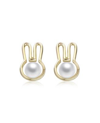 Kids 14K Gold Plated with White Pearl Bunny Stud Earrings