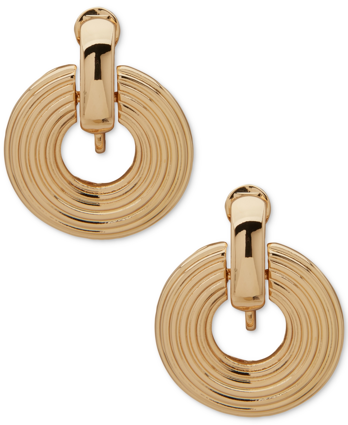 Gold-Tone Ribbed Door Knocker Comfort Clip On Earrings - Gold