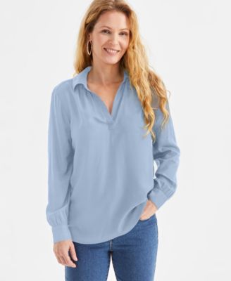 Style & Co - Petite Johnny-Collar Long-Sleeve Top