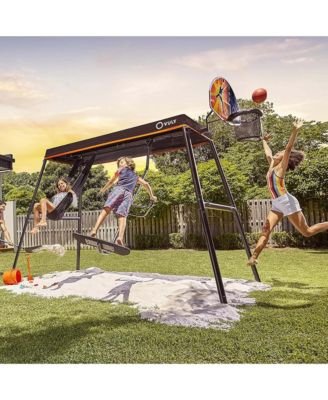 Basketball Set Attachment with Backboard, Netted Hoop, Mini Basketball, and Hand Air Pump Compatible with Trampolines and Swing Sets