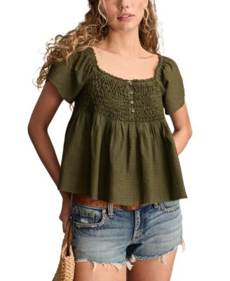 Women's Cotton Smocked-Bodice Babydoll Top