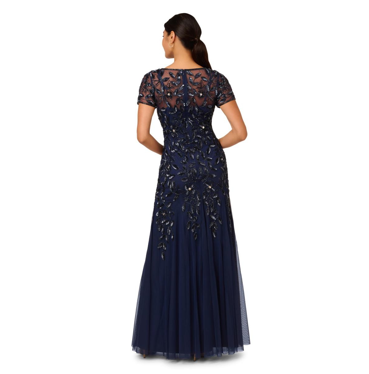 Adrianna Papell Floral Embroidered Beaded Trumpet Gown In Blue