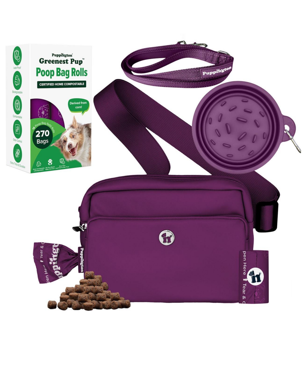 Walk Star Kit: 3-in-1 Dog Walk Bag, Bowl, & Leash plus Matching 270 Refill Dog Poop Bags - Basil green