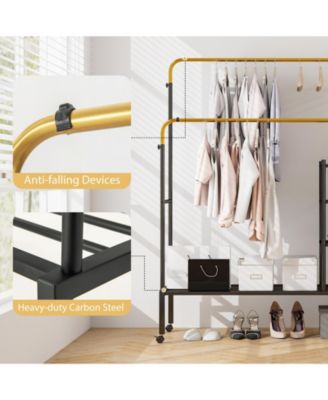 Rolling Double Rods Garment Rack with Height Adjustable Hanging Bars