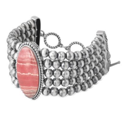 Sterling Silver Oval Rhodochrosite Oval Cut Beaded Toggle Bracelet, Size Large