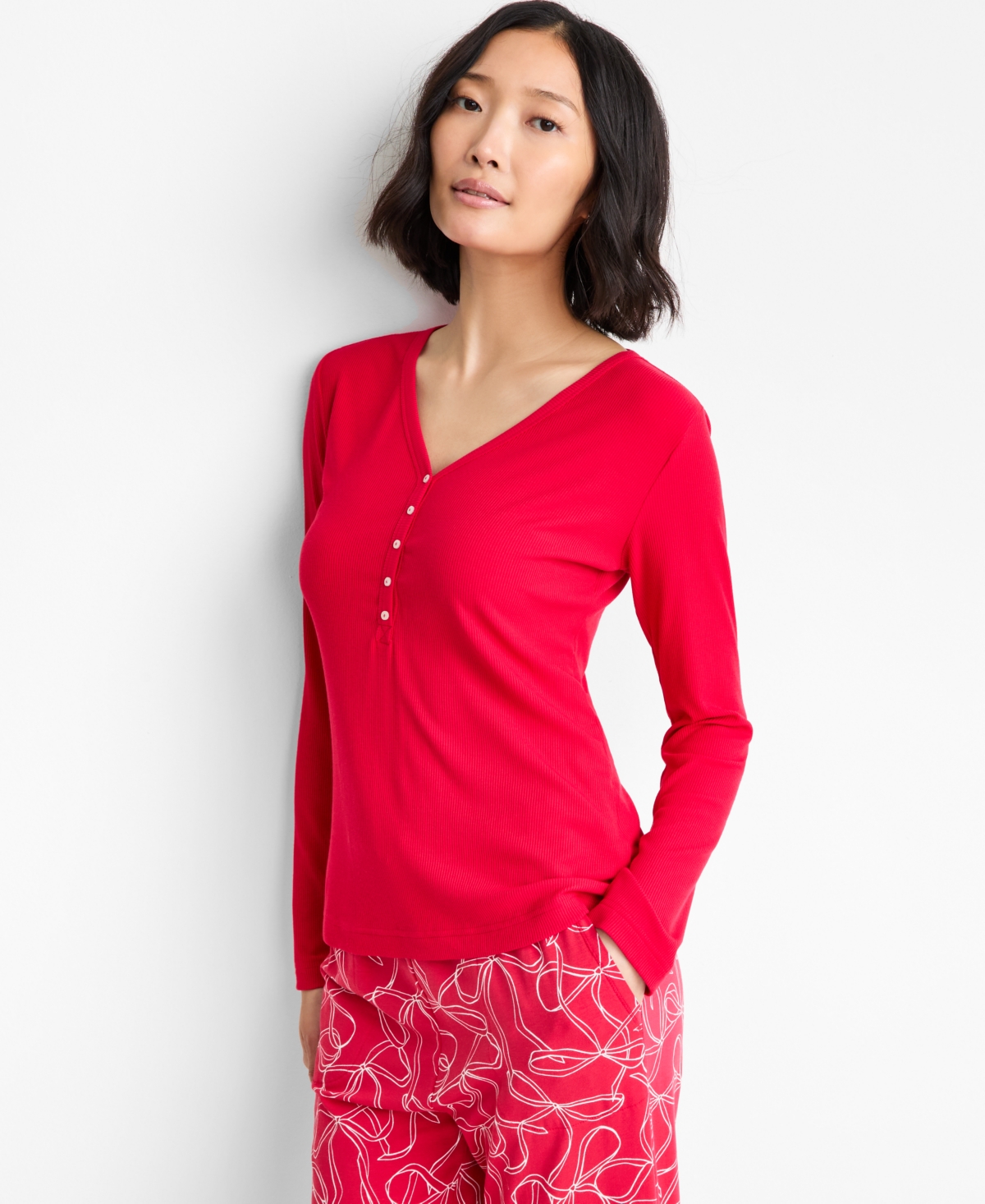 State Of Day Women's Long-sleeve Ribbed Henley Sleep Top Xs-3x, Created For Macy's In Pink