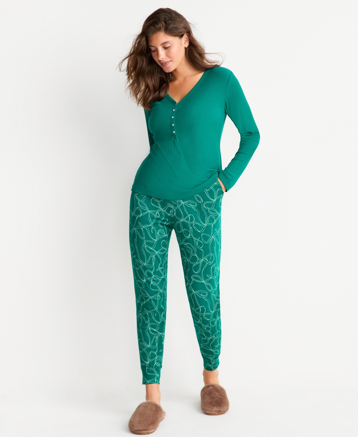 State Of Day Women's Long-sleeve Ribbed Henley Sleep Top Xs-3x, Created For Macy's In Green