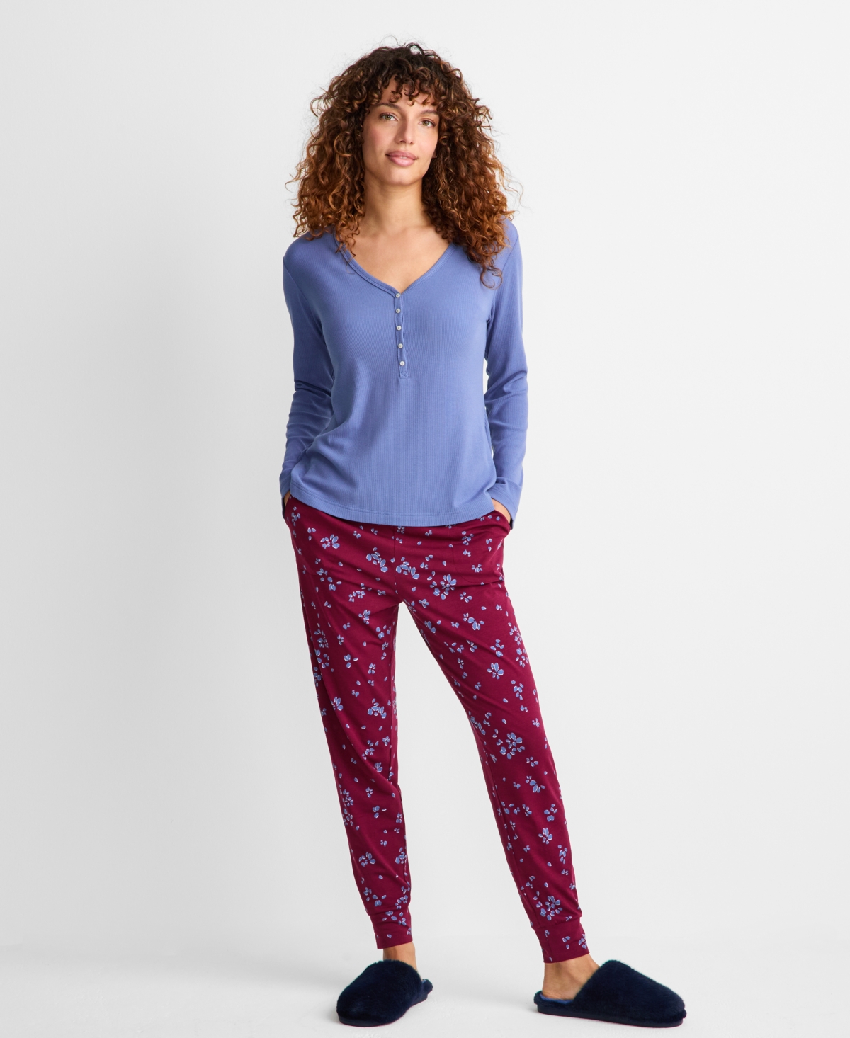 State Of Day Women's Long-sleeve Ribbed Henley Sleep Top Xs-3x, Created For Macy's In Blue