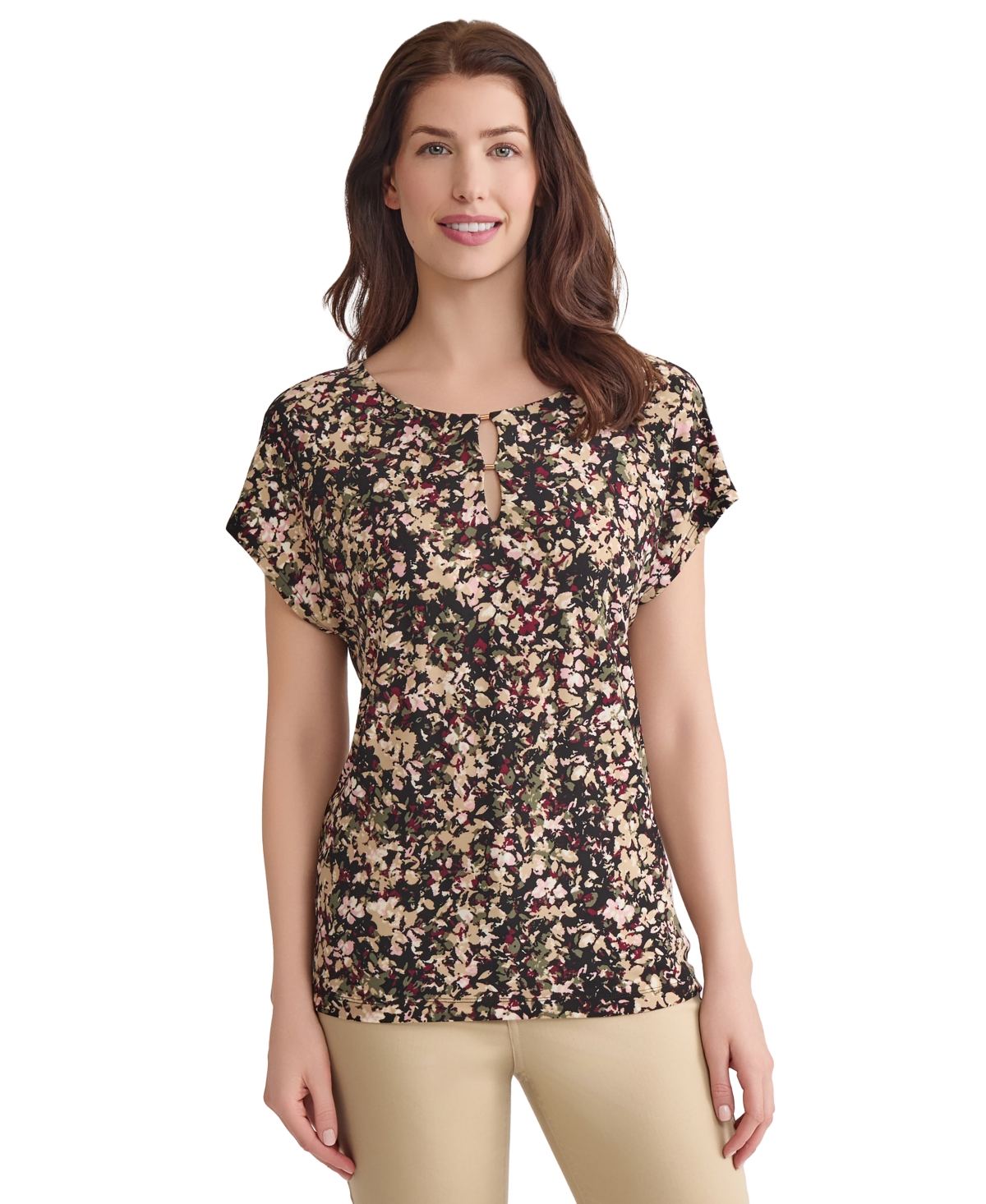 Petite Keyhole-Neck Short-Sleeve Knit Top - Jones Black Multi