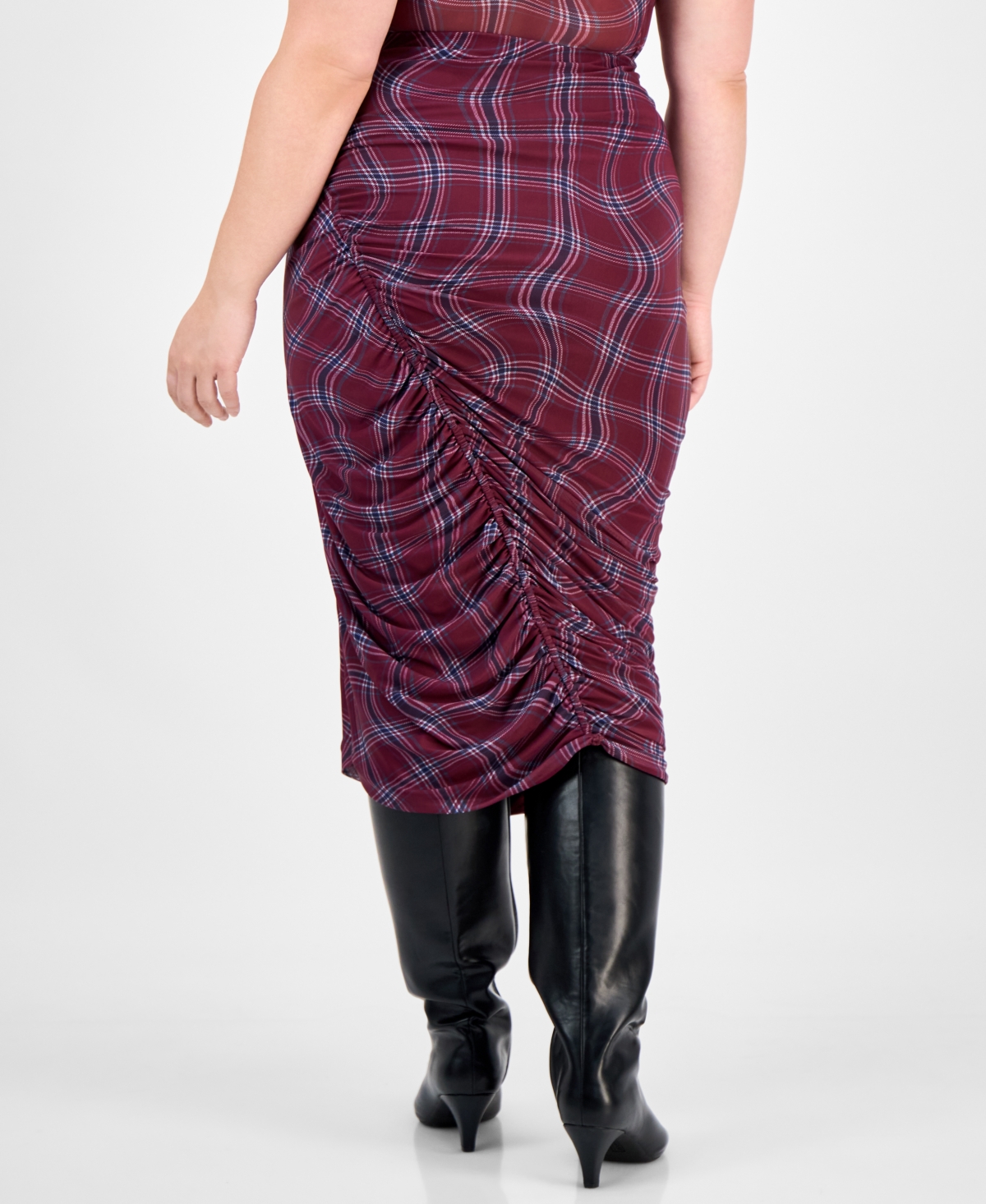 Bar Iii Trendy Plus Plaid Asymmetric Ruching Top Skirt Macys Exclusive In Purple