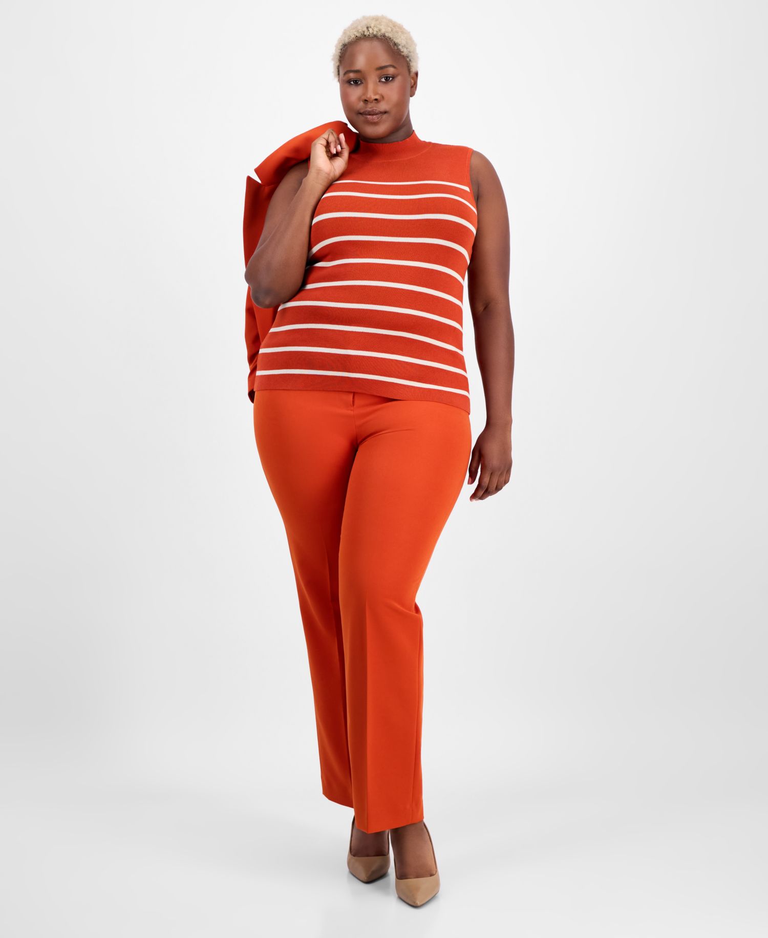 ASL Plus Size Striped Mock-Neck Sleeveless Sweater