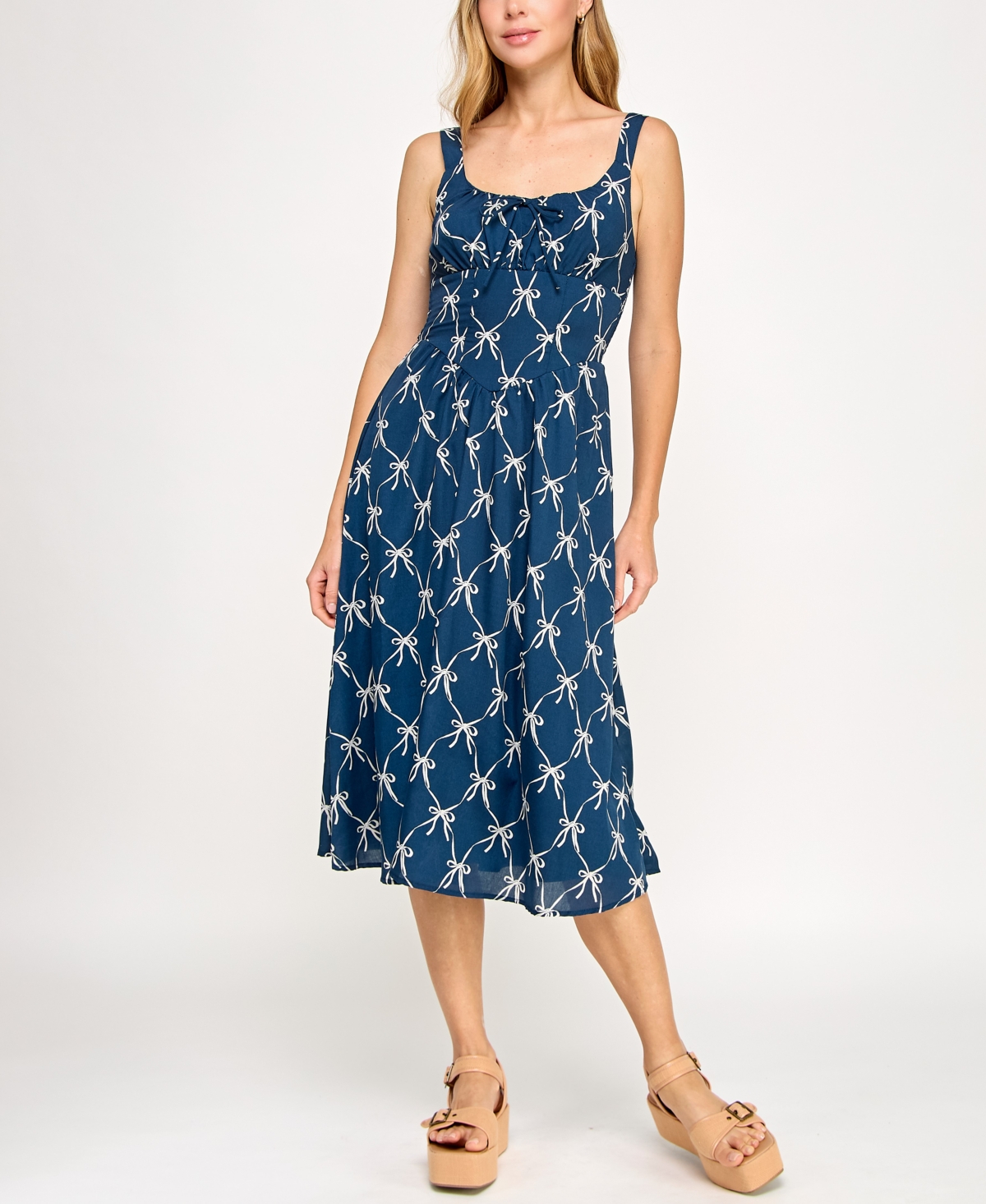 Juniors' Printed Sleeveless Midi Dress - Navy, ivory