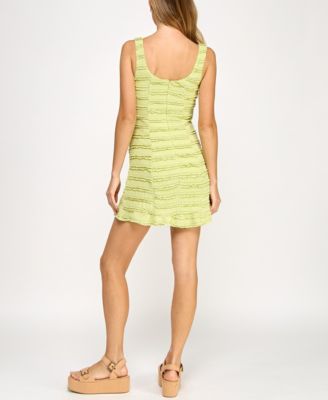 Juniors' Stretch Lace Ruffled Short Sheath Dress