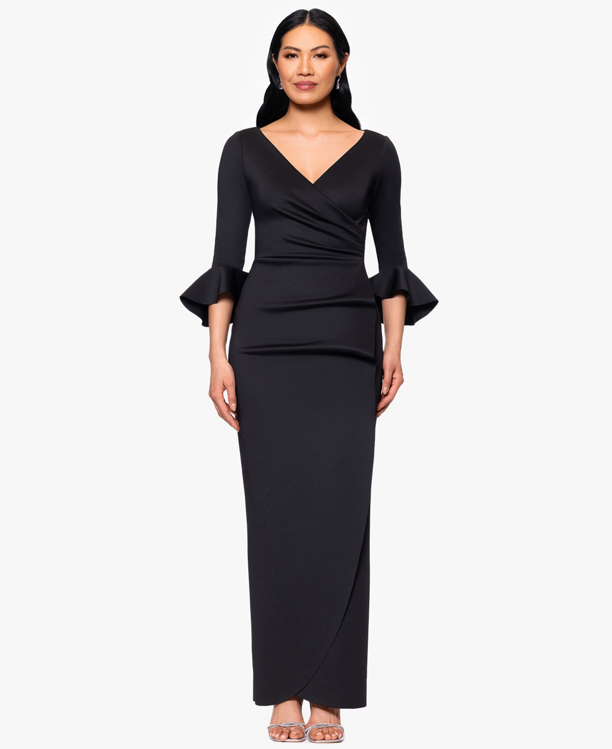 Petites V-Neck Scuba Long Sheath Dress - Black