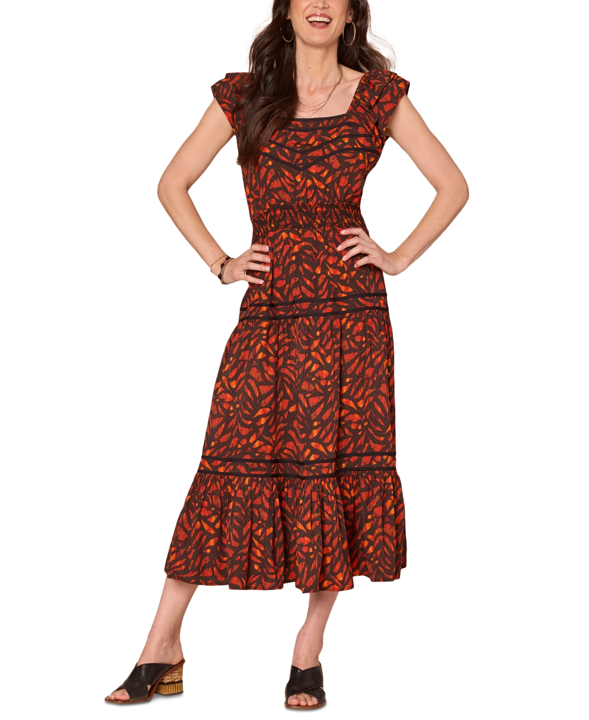 Petite Printed Flutter-Sleeve Tiered Dress - Ancient Clay