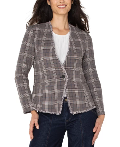 Petite Frayed-Trim Plaid Blazer - Brown/ Navy Glen Check