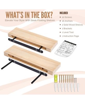 2 Pack 16" Solid Wood Floating Shelves - for Bathroom Decor, Books, Bedroom & Living Room