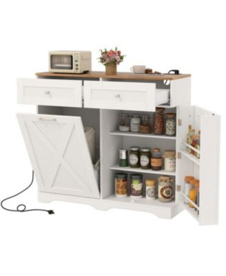 Tilt Out Trash Can Cabinet with Outlets and Adjustable Shelf