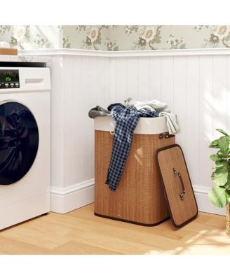 19 Gal Rectangle Laundry Basket Bamboo Clothes Hamper with Handles and Lid