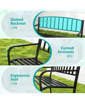 50 Inches Garden Bench w/ Slatted Backrest & Curved Armrests for Porch