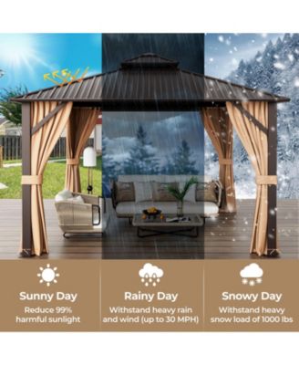 12 x 12 Feet Double-Roof Patio Hardtop Gazebo with Galvanized Steel Roof Netting and Curtains