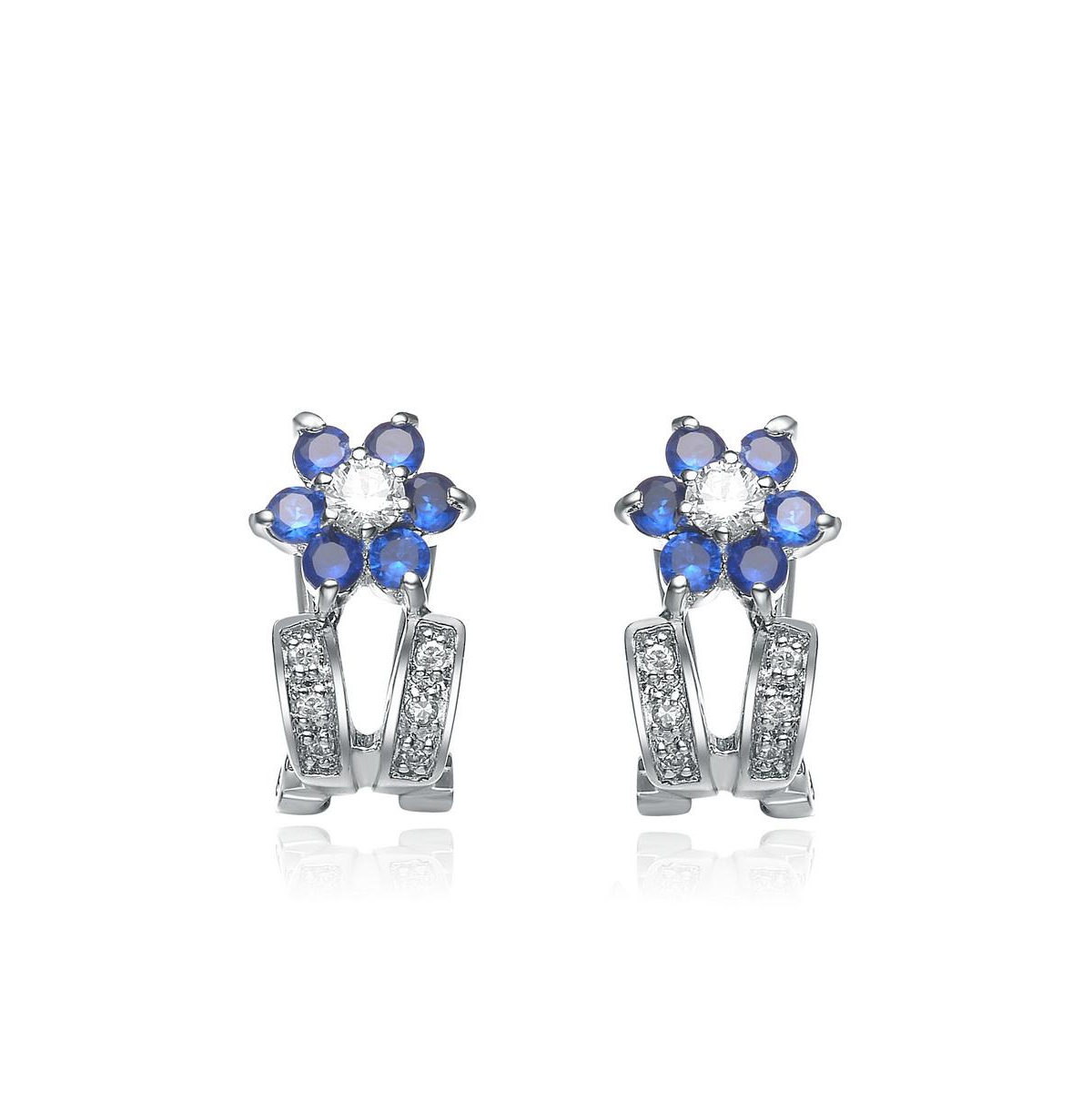 Cubic Zirconia Sterling Silver Rhodium Plated Sapphire Flower Earrings - Blue