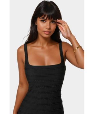 Women's Square Neck Ruffle Lace Midi Dress