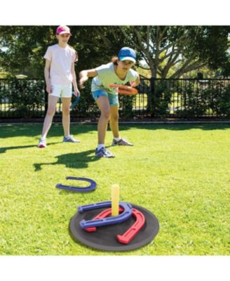 Rubber Horseshoe Game Set, 4 Horseshoes (2 Red/2 Blue), 2 Rubber Mats with Posts, and 2 Plastic Stakes