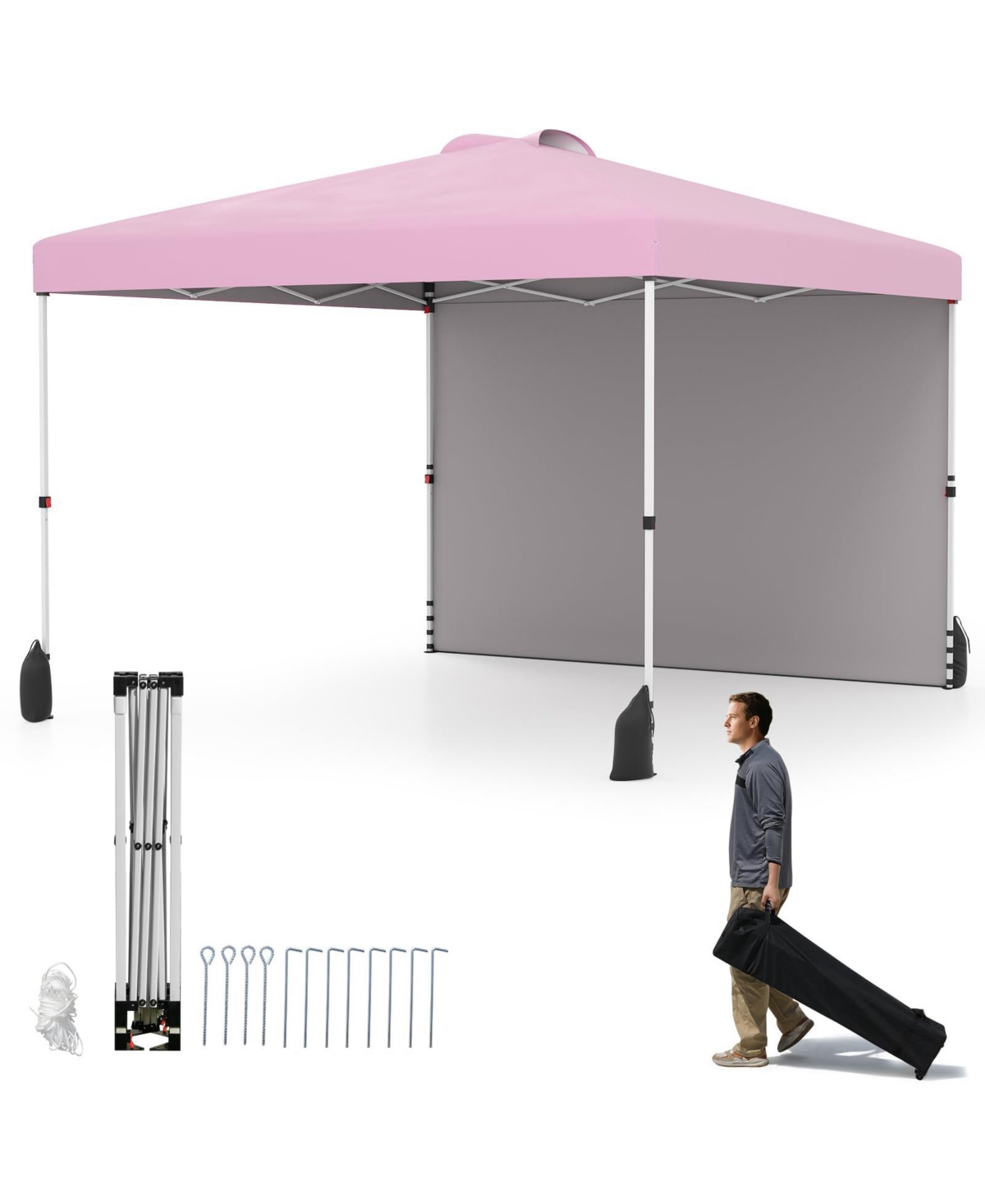 10 X 10 Ft Pop up Canopy Tent with 1 Sidewall and Wheeled Bag - Pink