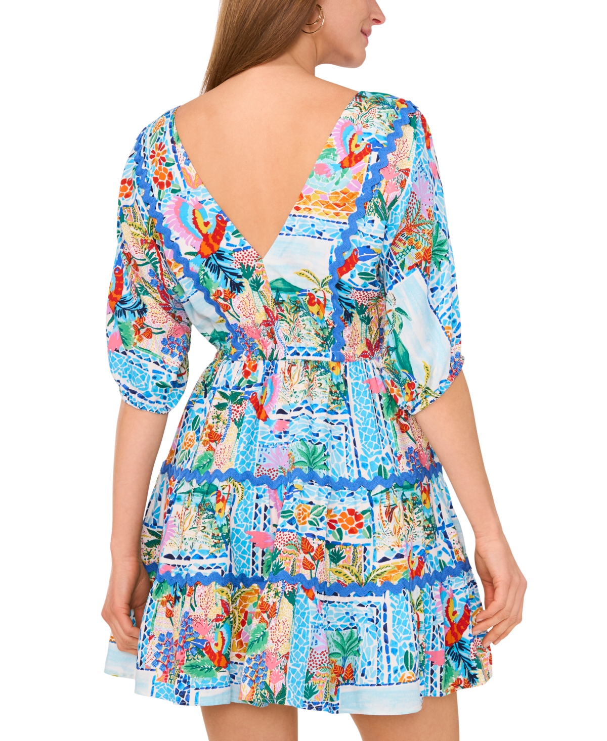 Vince Camuto Printed Tie Front Three Tier Mini Dress In Blue