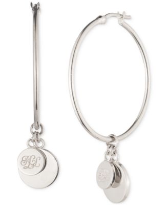 Lauren Ralph Lauren - Sterling Silver Logo Drop Medium Hoop Earrings, 1.85"