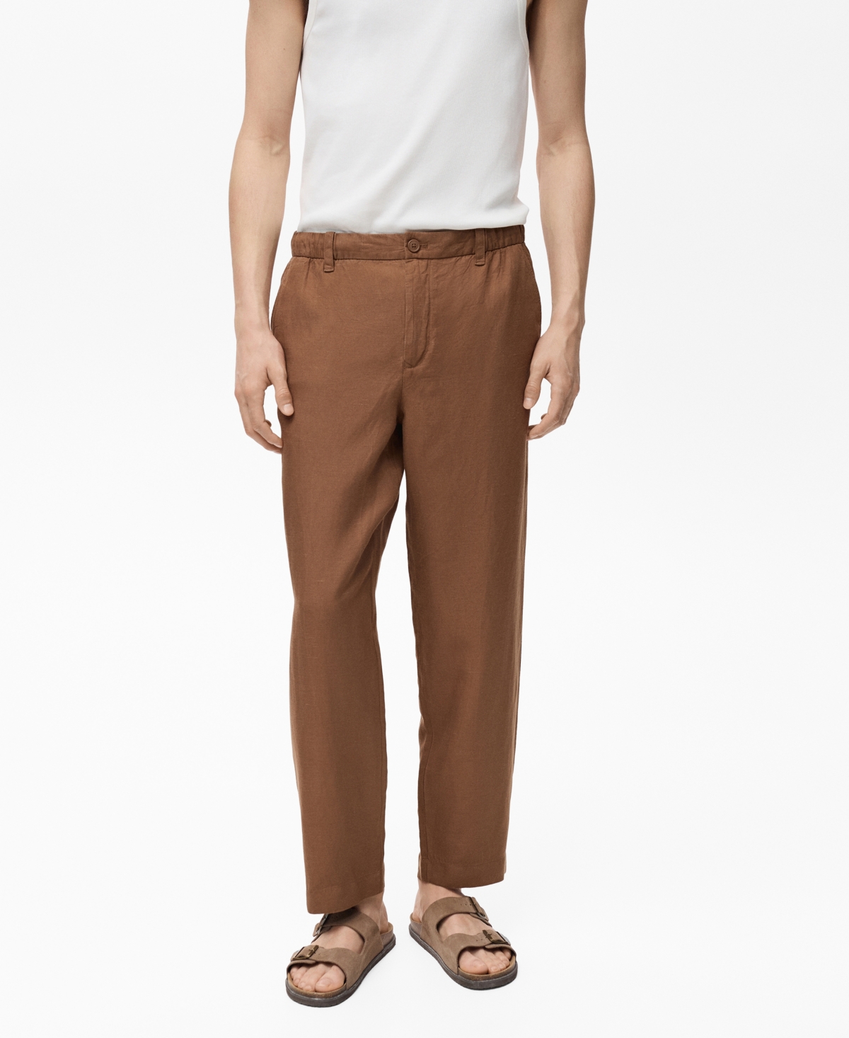 Men's Linen-Blend Elastic Waist Pants - Brown