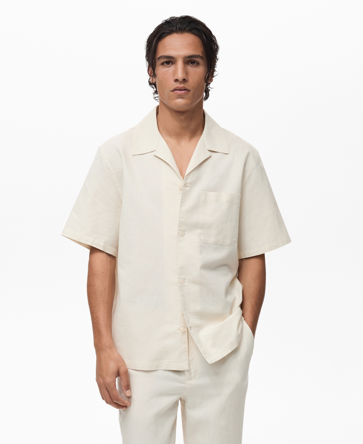 Men's Bowling Collar and Pocket Linen Shirt - Ink Blue