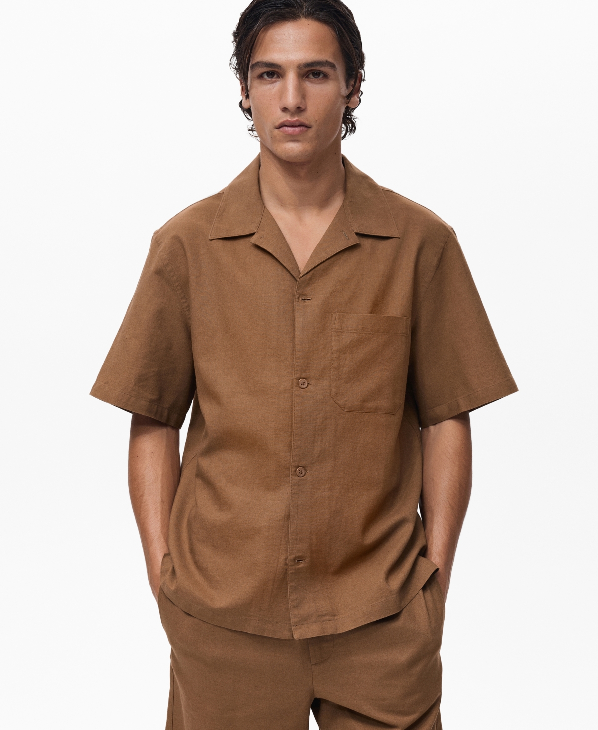 Men's Bowling Collar and Pocket Linen Shirt - Ink Blue