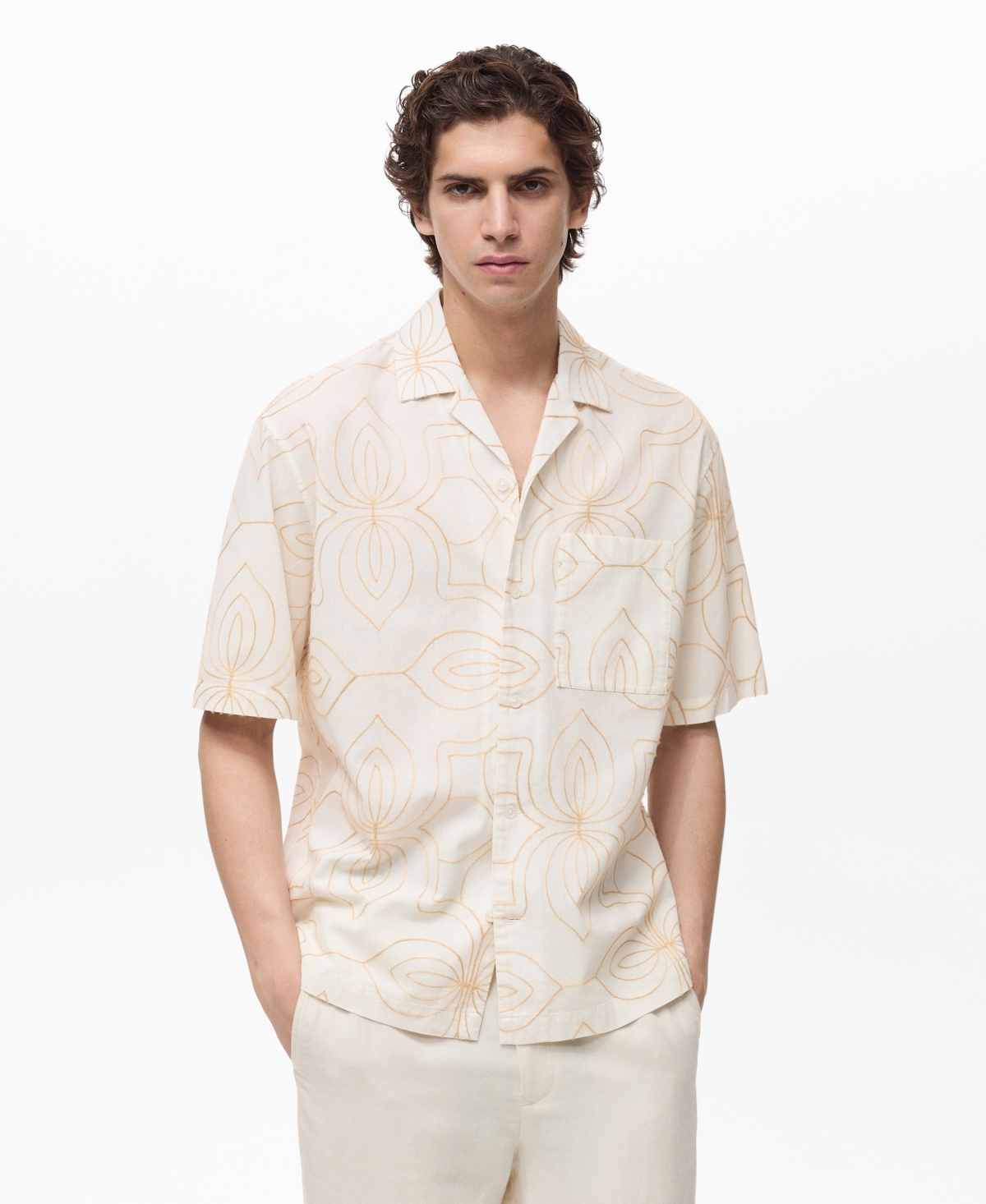 Men's Embroidered Bowling Collar Shirt - White