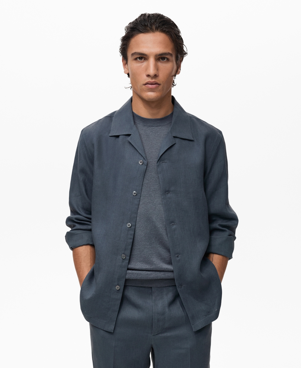 Men's Linen Bowling-Collar Shirt - Petrol Blue